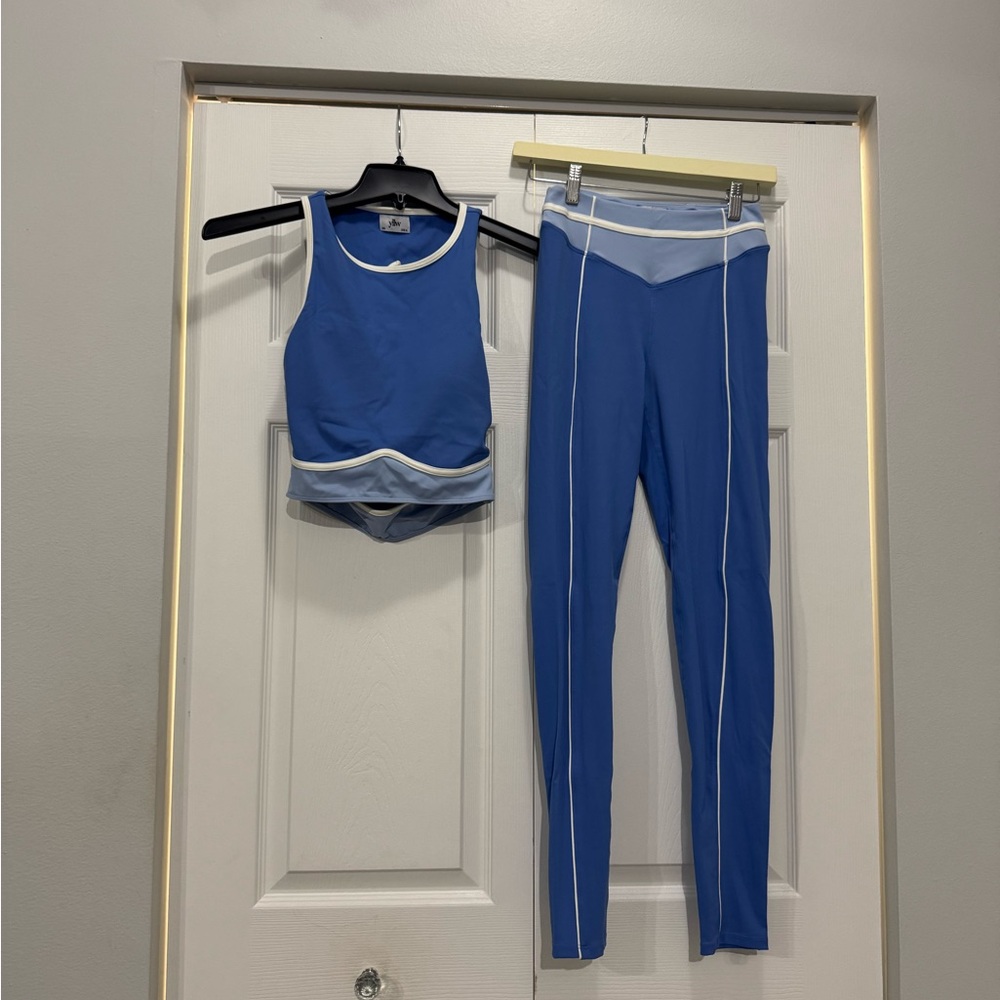 Blue and White Athletic Leggings and sports bra set